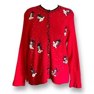 Y2k Vintage Susan Bristol Womens Christmas Cardigan Sz PM Red Button Snowmen